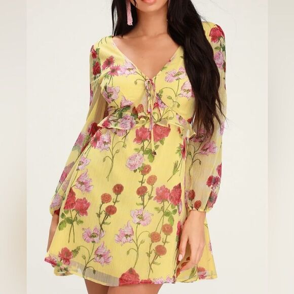 BB Dakota Botanical Bae Yellow Floral Print Long Sleeve Dress Size 0 - Picture 1 of 14